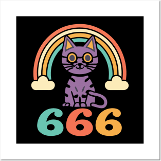 "Funny 666 Cute Cat Vintage Rainbow Art - Playful Retro Charm Posters and Art
